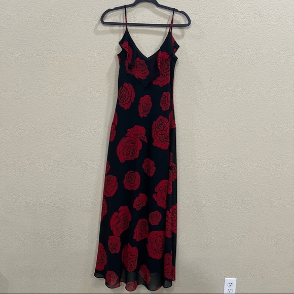 VTG Betsy & Adam Sz 10 Black Red V Neck Floral Sequin Side Slit Gown Dress Prom - Picture 4 of 11